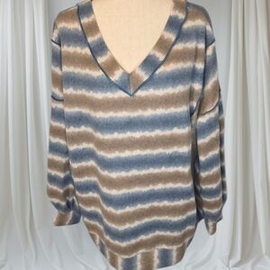 Ces Femme Striped Lightweight Fleece V-Neck Sweater Blue Tan Size XL